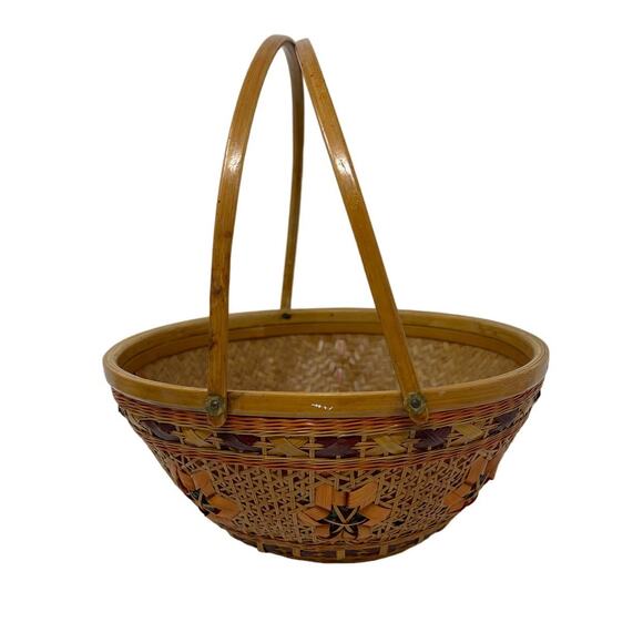 Vintage Asian Split Bamboo and Rattan Woven Boho Floral Double Handle Basket - Picture 1 of 6